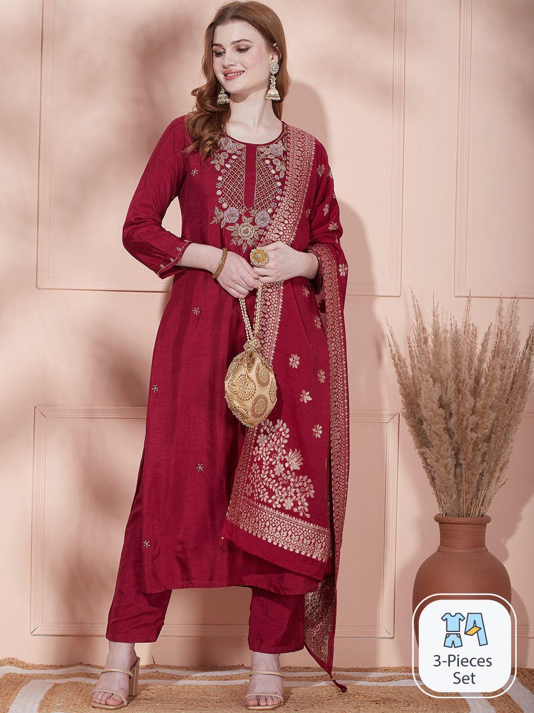 fashor ethnic motifs embroidered straight kurta & trousers with dupatta