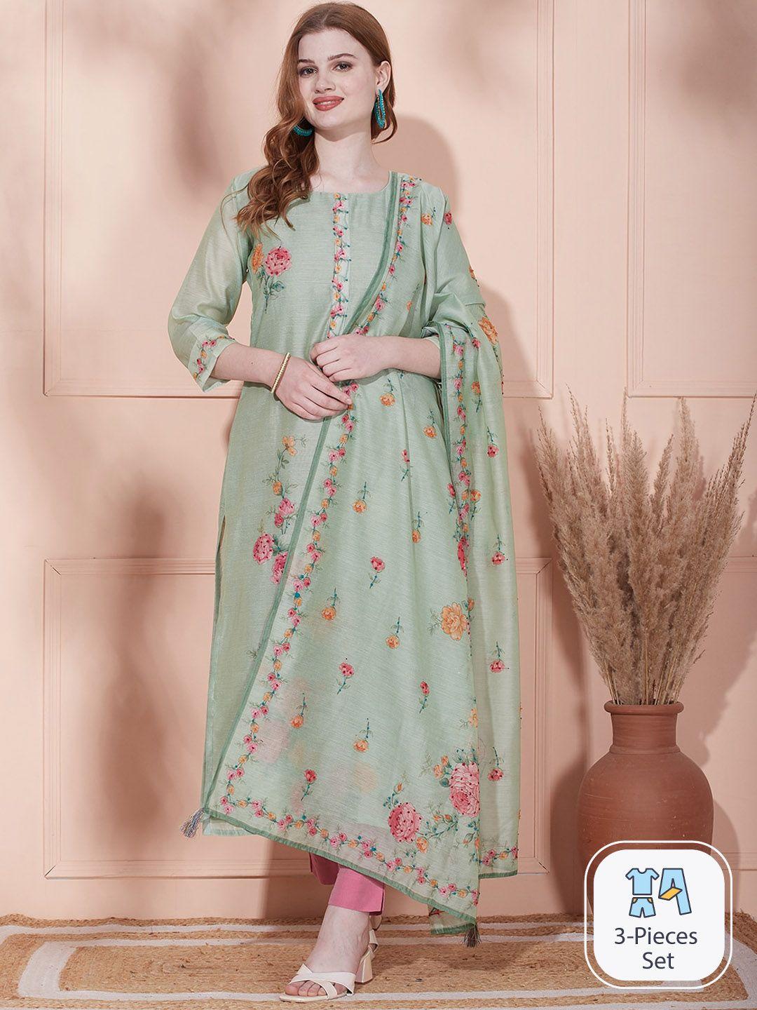 fashor floral embroidered thread work kurta with dupatta