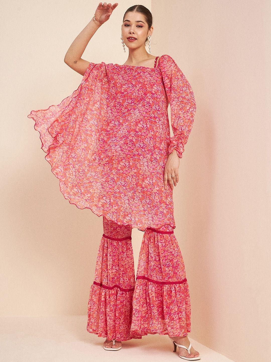 antheaa pink floral printed one shoulder top with sharara co-ords