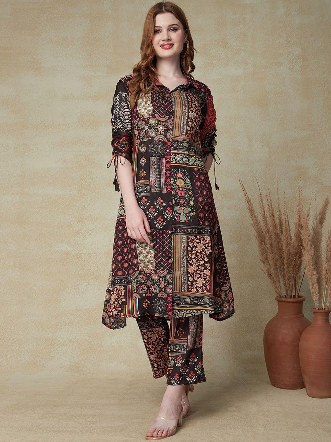 fashor ethnic motifs printed shirt collar a-line kurta with trousers