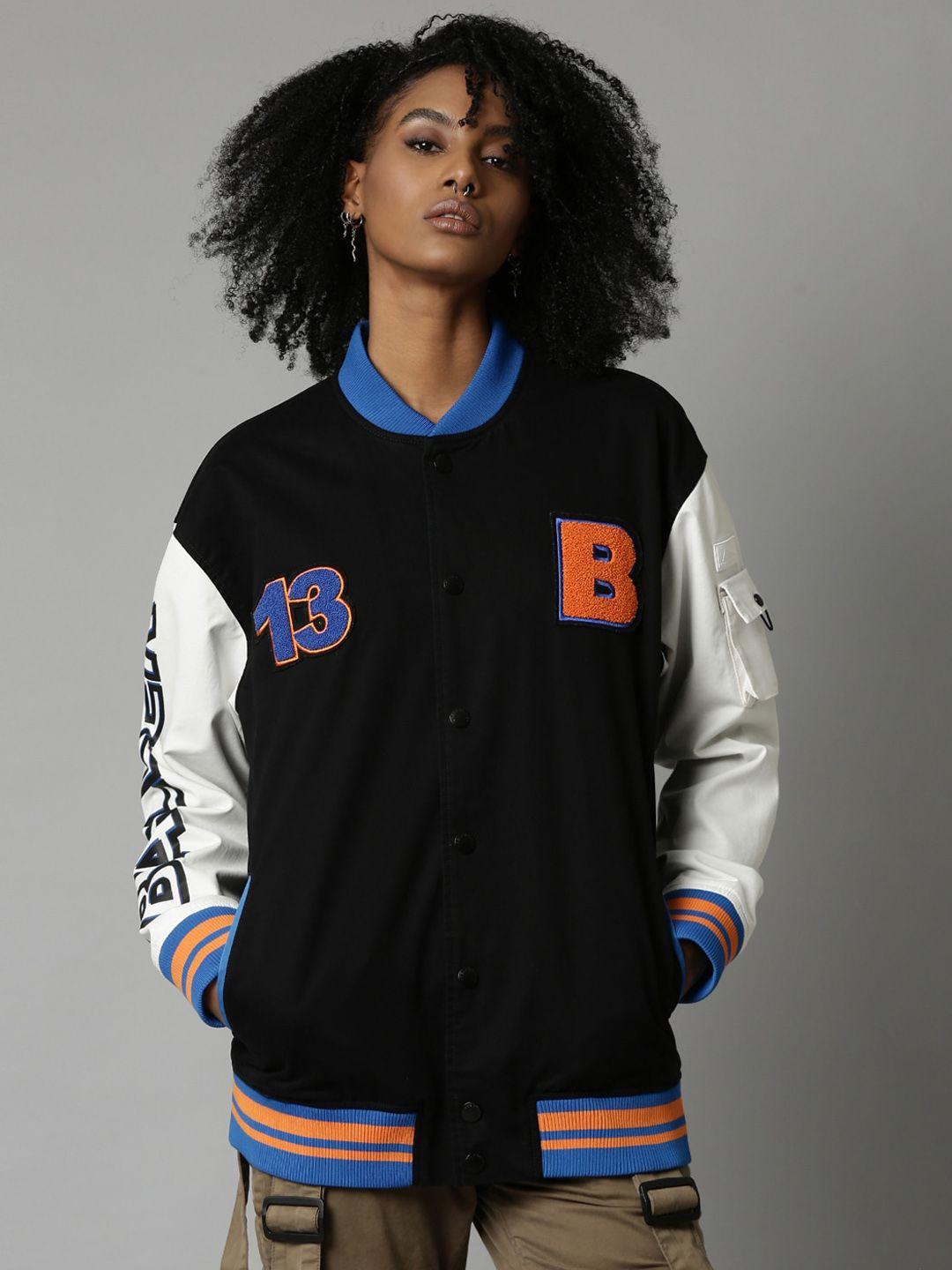 breakbounce graphic printed mandarin collar water resistant cotton varsity jacket