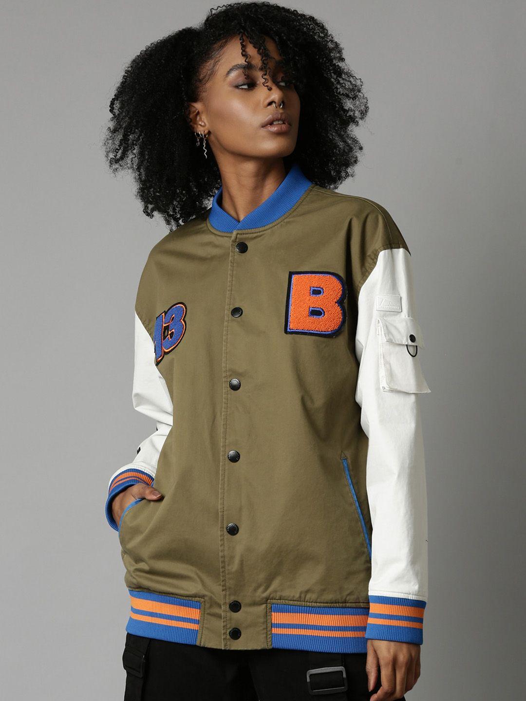 breakbounce graphic printed mandarin collar water resistant cotton varsity jacket