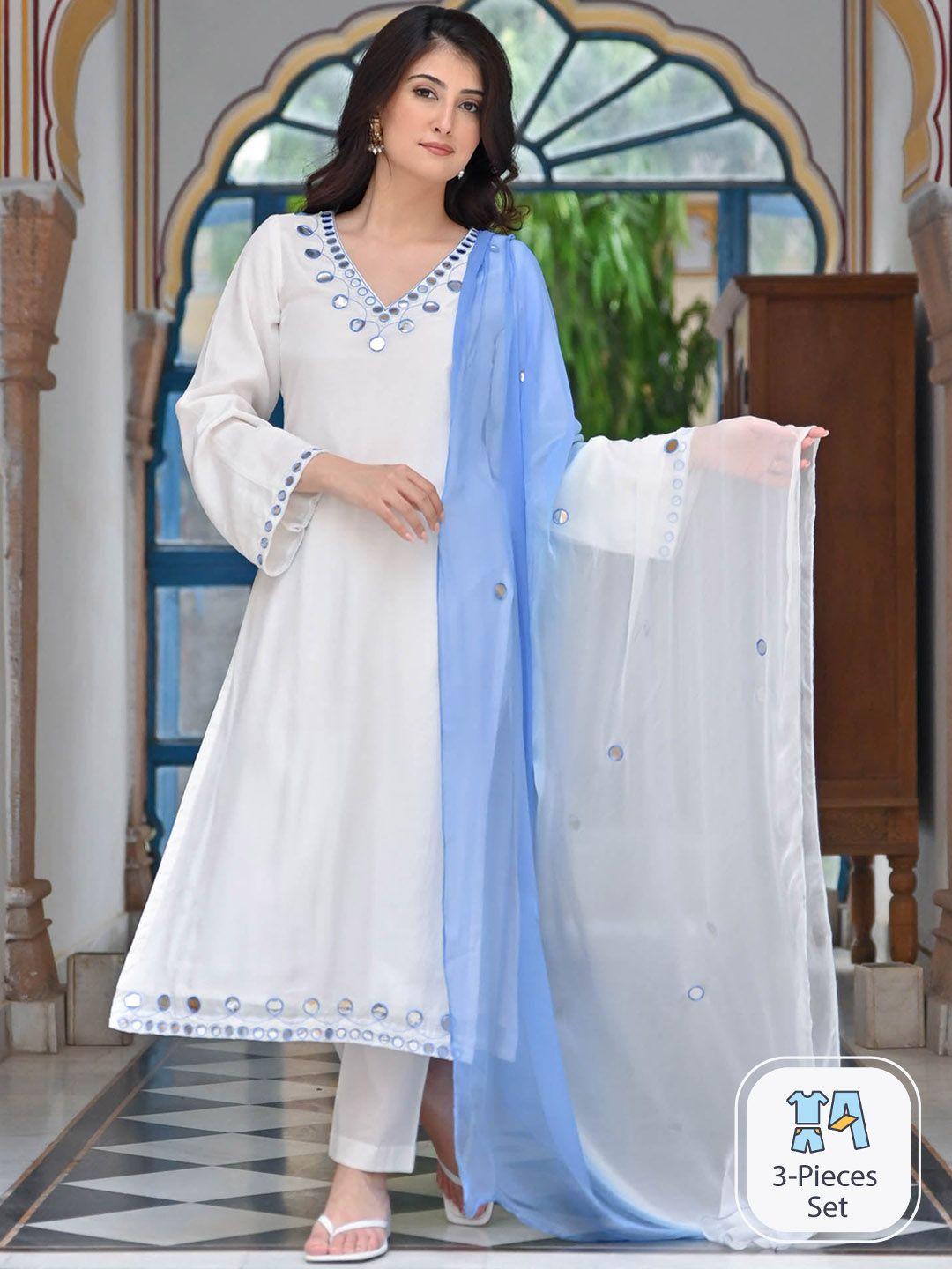 urbanstree ethnic motifs yoke design regular mirror work kurta & trousers with dupatta