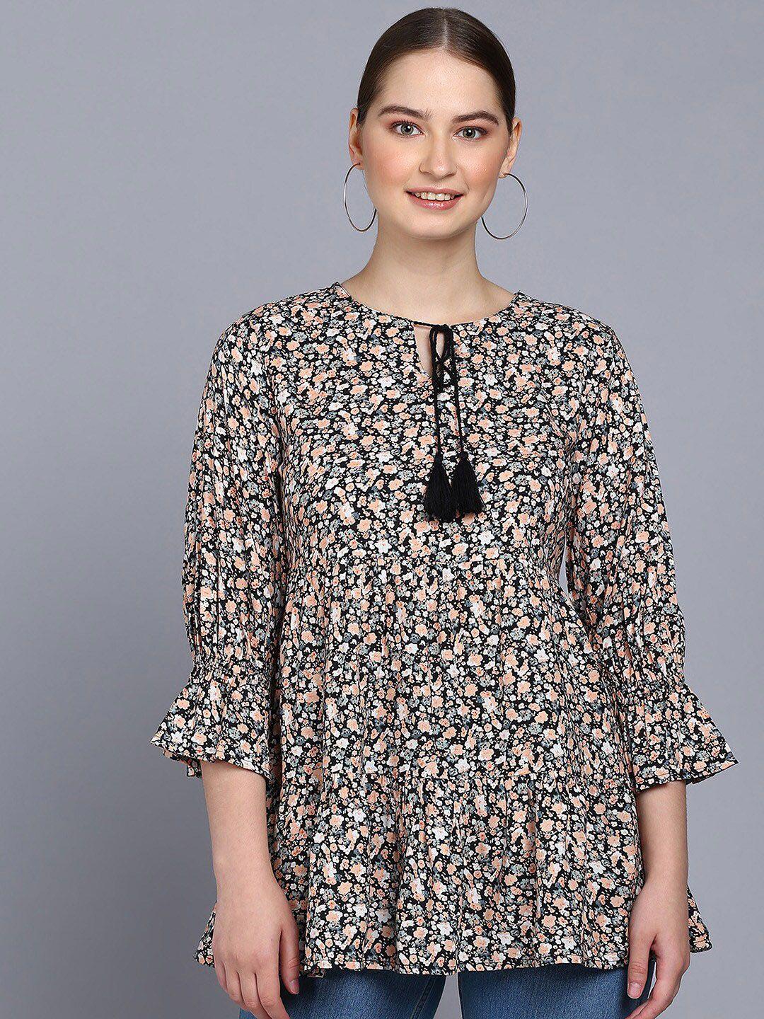 mast & harbour black & peach-coloured floral printed tie-up neck pure cotton a-line top