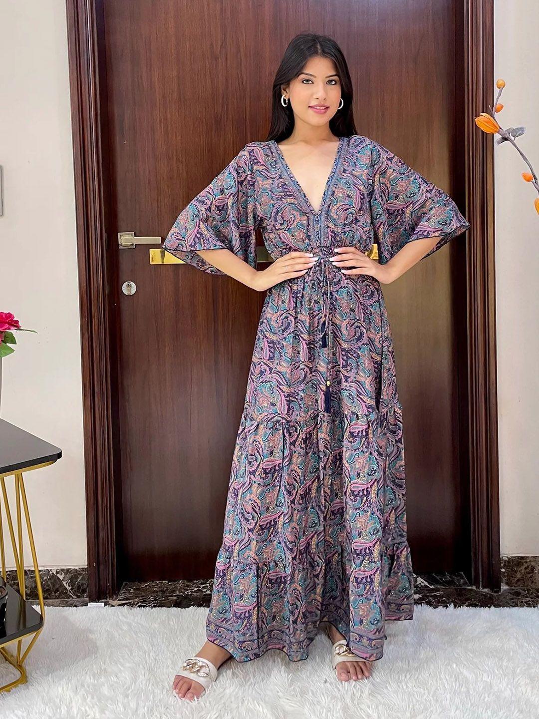 smisingbee floral printed v-neck flared sleeves ruffled maxi dress