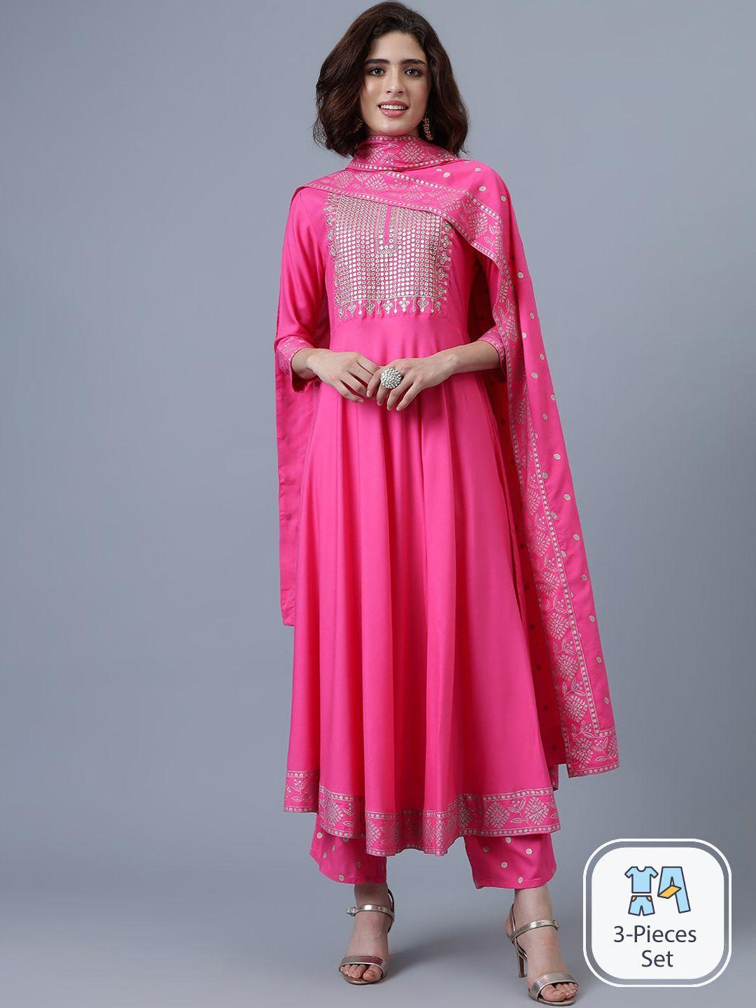 khushal k yoke design sequinned anarkali kurta with trousers & dupatta