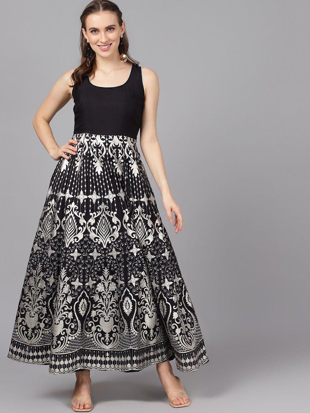 aks couture ethnic motifs printed fit and flare silk maxi dress