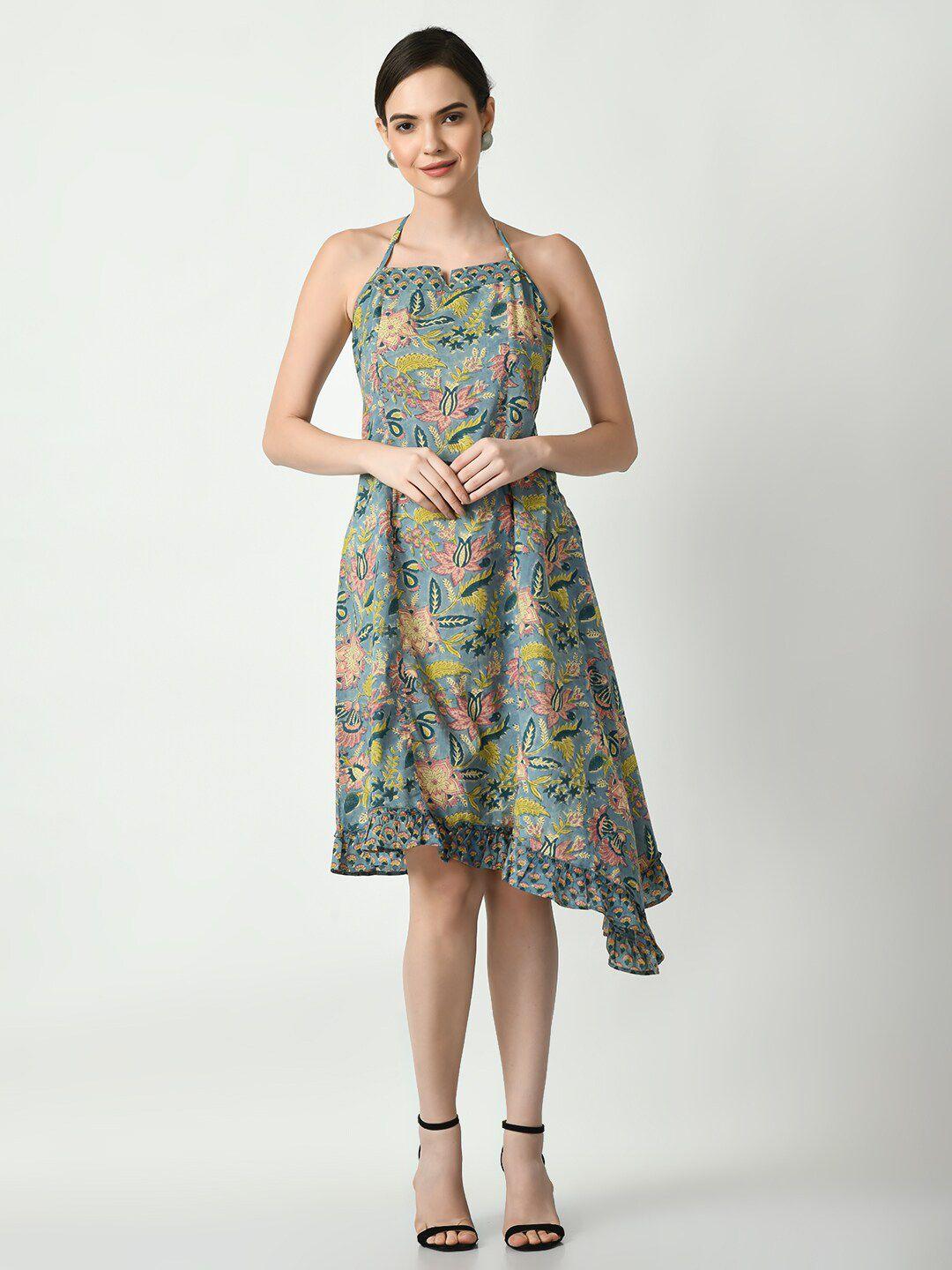 dressberry grey floral printed ruffled cotton a-line dress