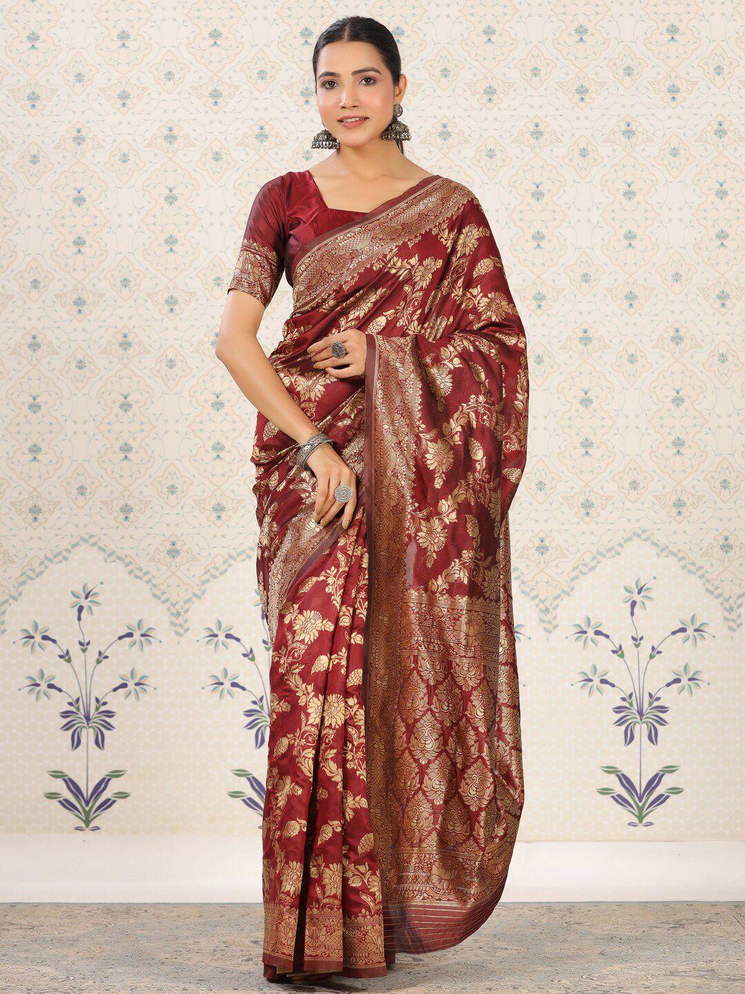 ode by house of pataudi maroon & gold-toned floral woven design zari banarasi saree