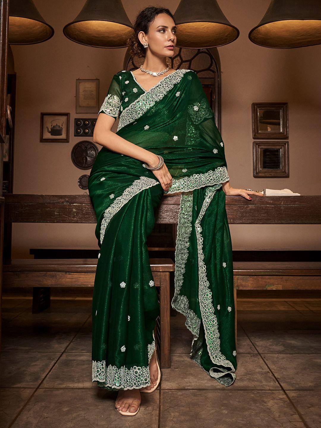 mitera green floral embroidered beads and stones pure chiffon saree