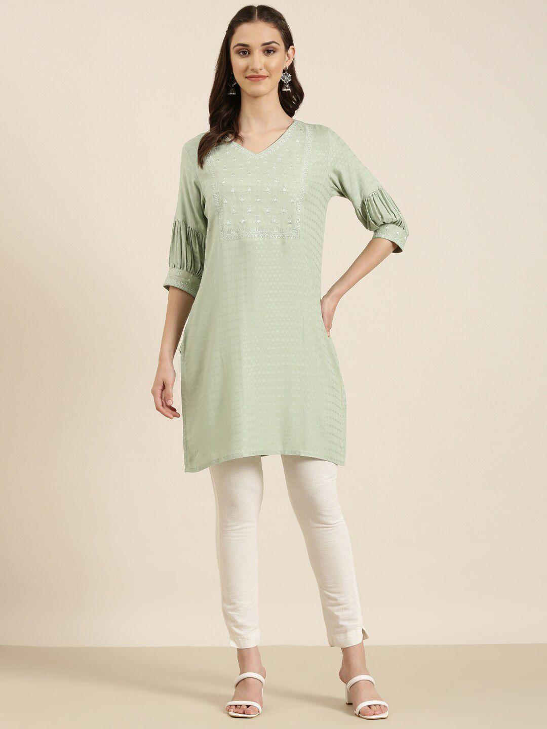 showoff ethnic motifs embroidered v-neck thread work kurti