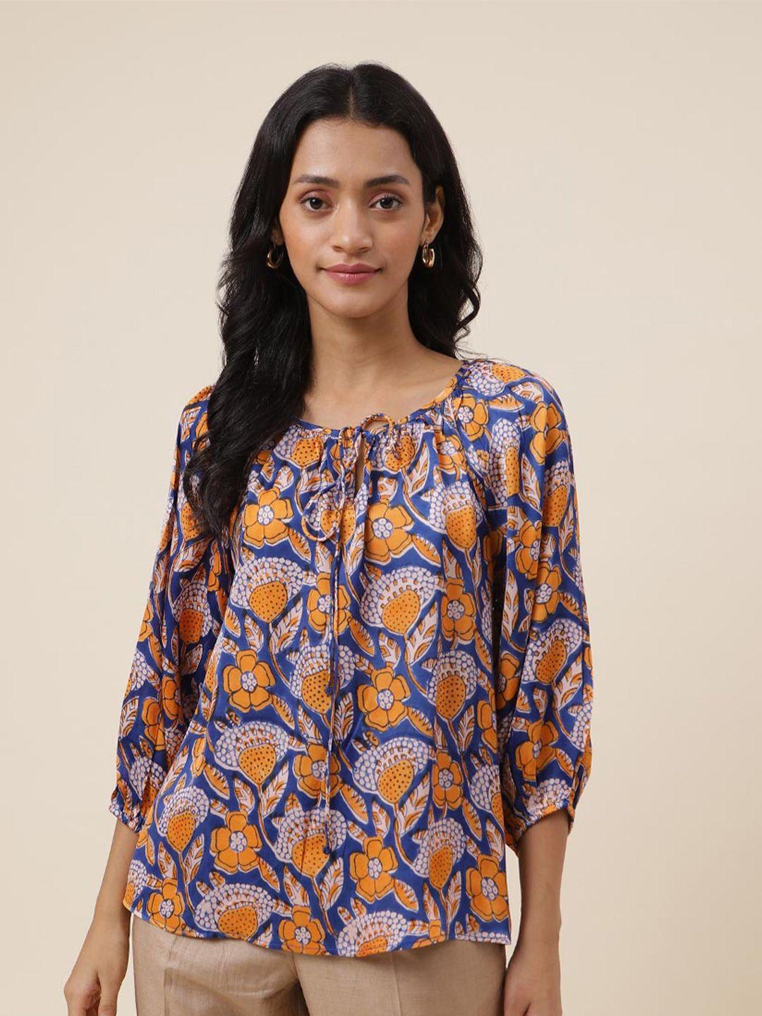 fabindia ethnic motifs printed tie-up neck top