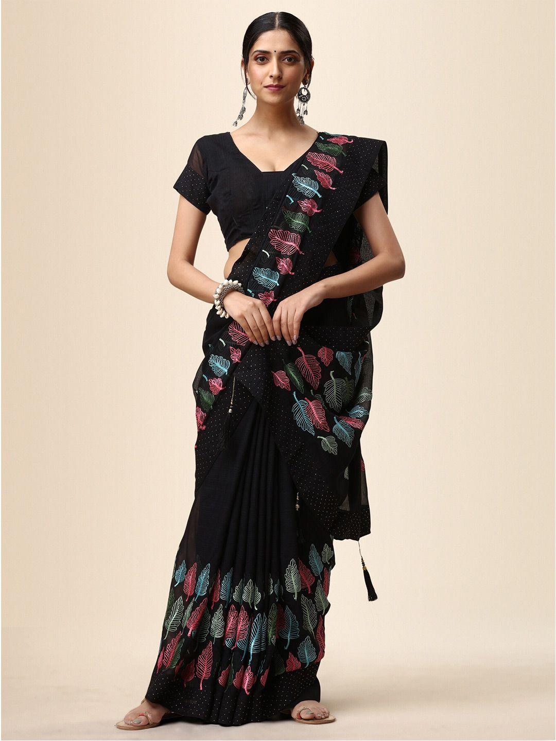 vaidehi fashion black & green floral embroidered pure chiffon saree