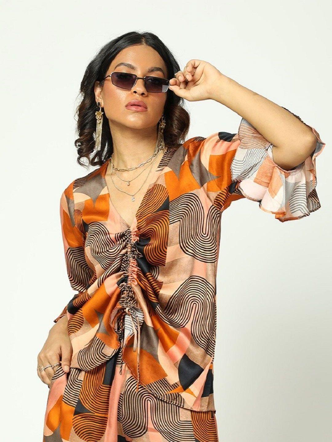 missy abstract printed satin bell sleeve top