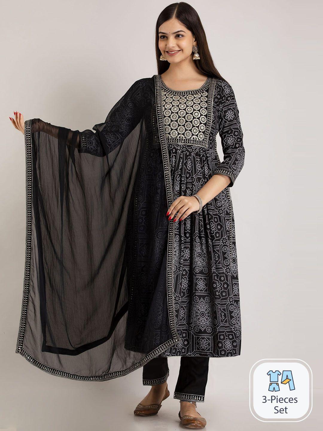 mizaz floral printed empire thread work kurta with trousers & dupatta