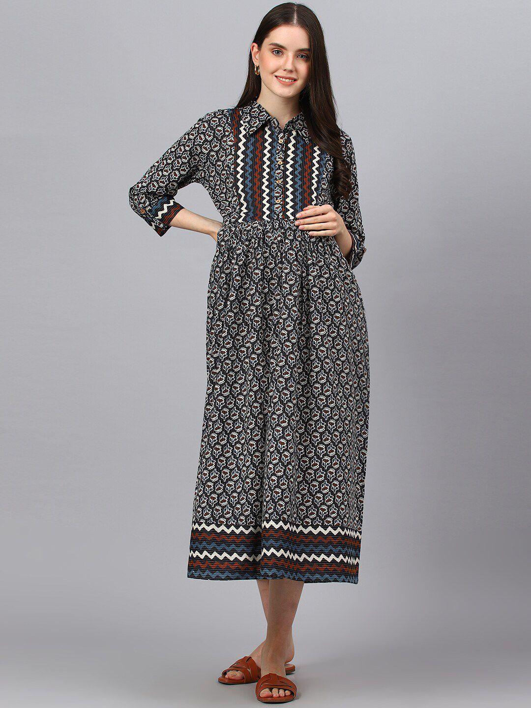 negen ethnic motifs printed shirt collar maternity a-line midi dress