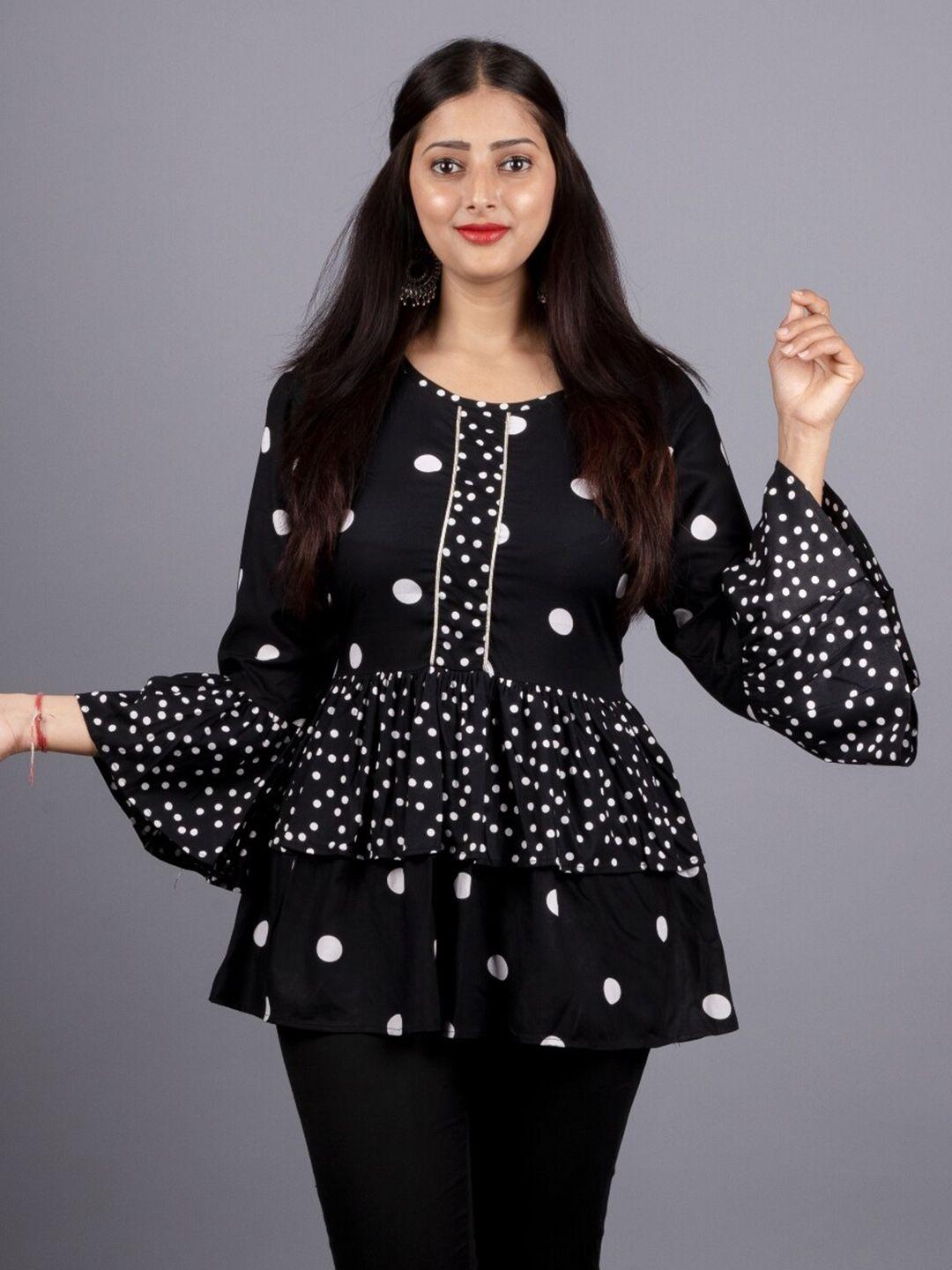 kalini polka dot printed tie-up neck bell sleeves peplum top