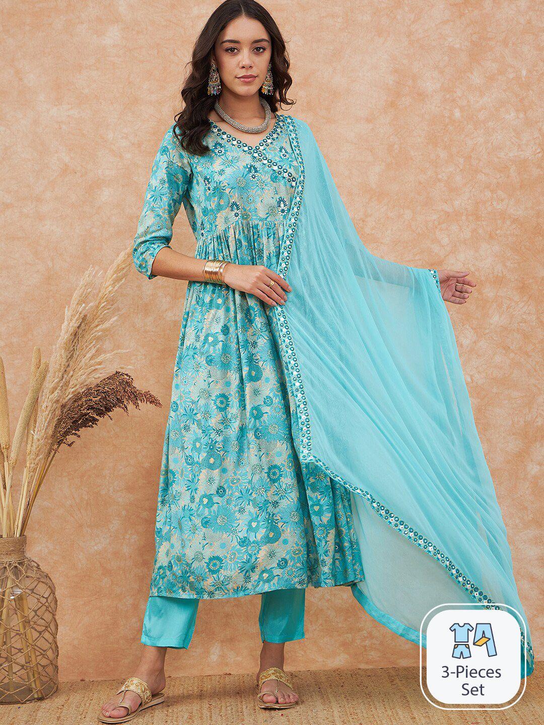 sangria floral printed angrakha anarkali kurta with trouser & dupatta