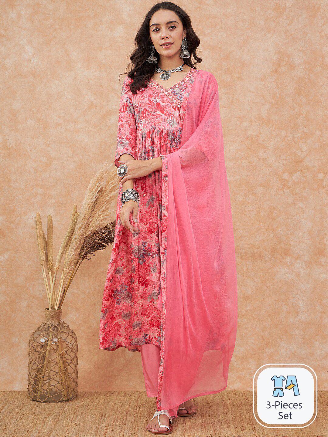 sangria floral printed angrakha anarkali kurta with trouser & dupatta