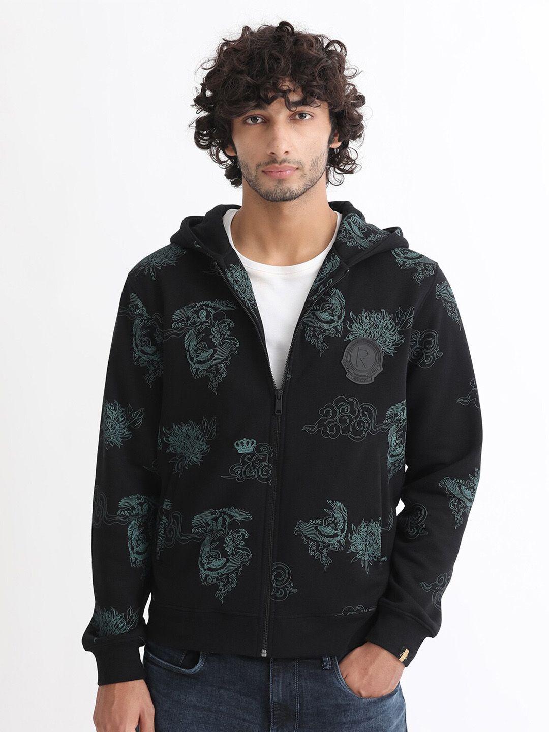 rare rabbit men printed front open hooded cotton sweatshirt