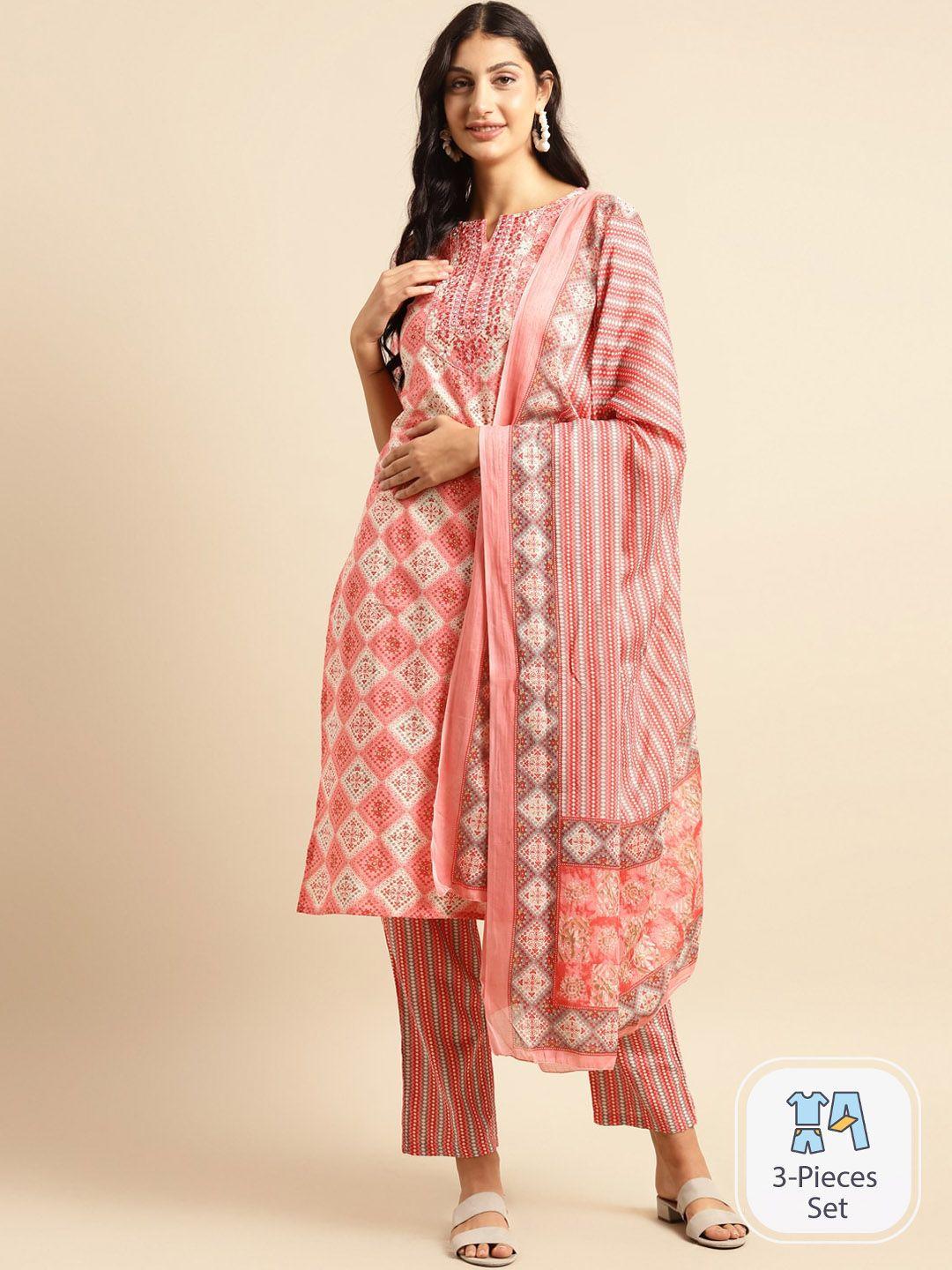 sangria ethnic motif printed mirror work pure cotton straight kurta with trouser & dupatta