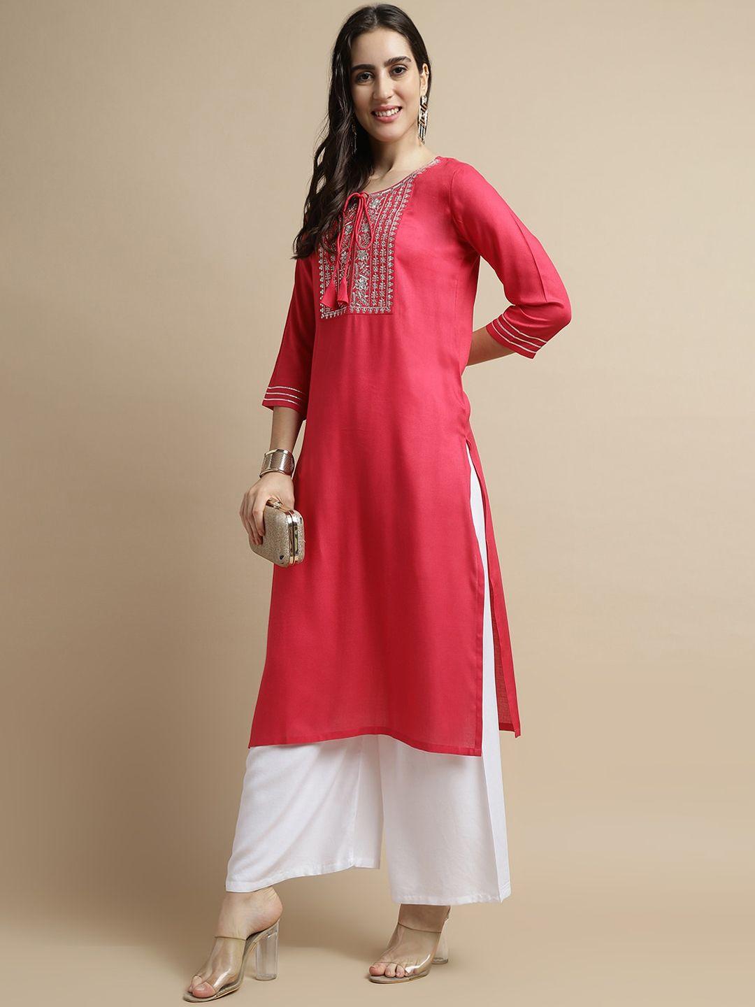 here&now yoke design tie-up neck straight kurta