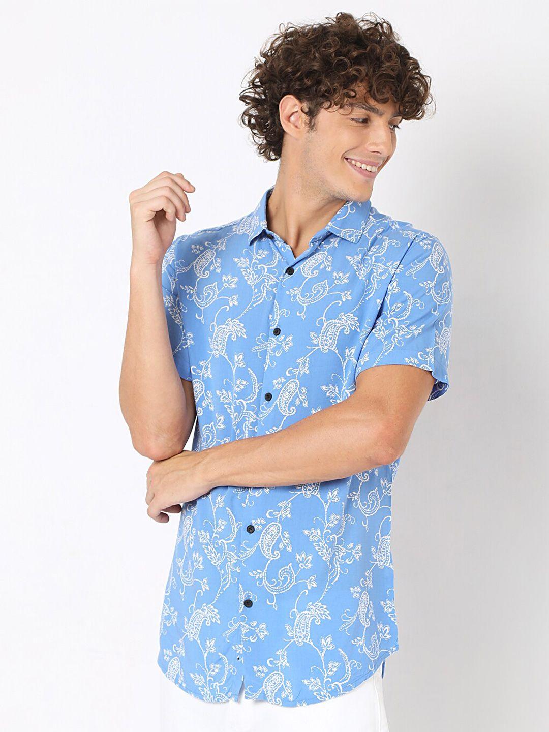 7shores men blue classic floral opaque printed casual shirt