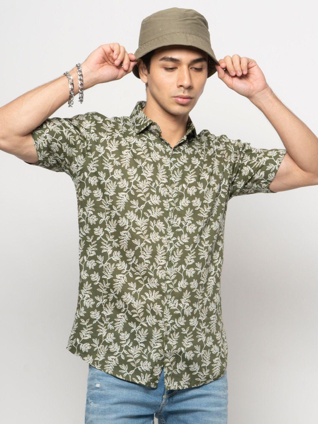 7shores men green classic floral opaque printed casual shirt