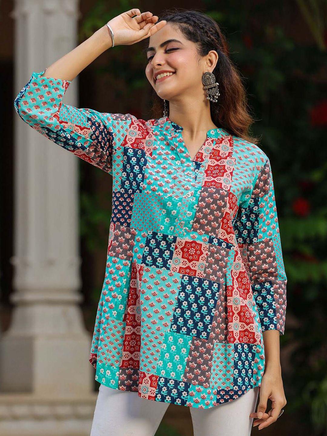 rain & rainbow ethnic motifs printed mandarin collar roll-up sleeves cotton top