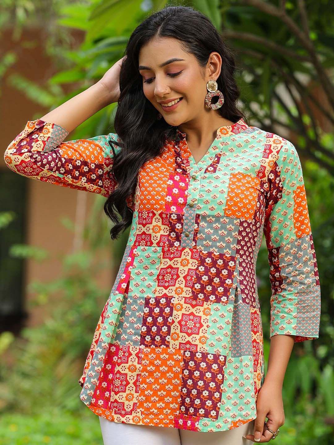 rain & rainbow ethnic motifs printed mandarin collar cotton top