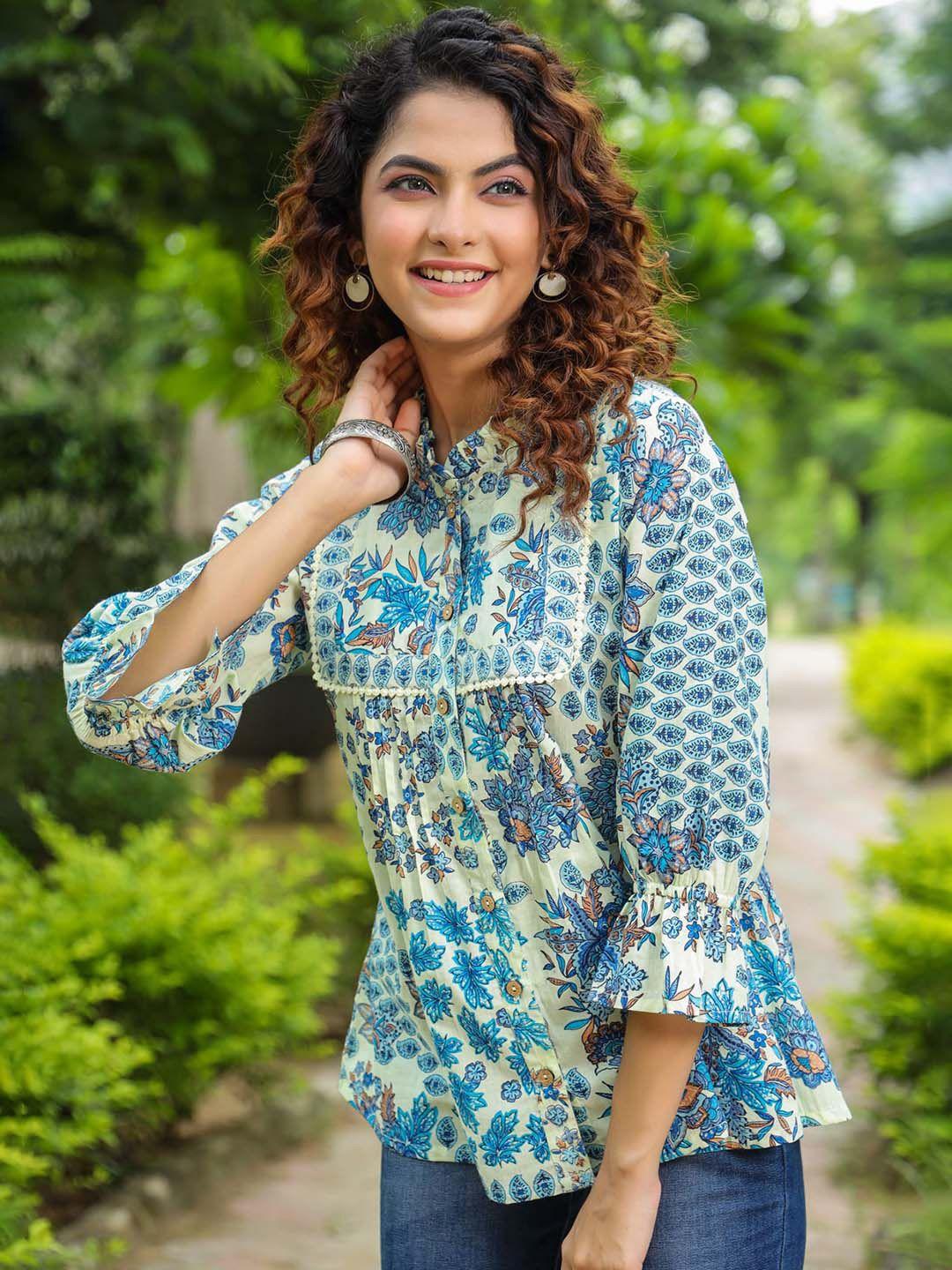 rain & rainbow ethnic motifs printed cotton top