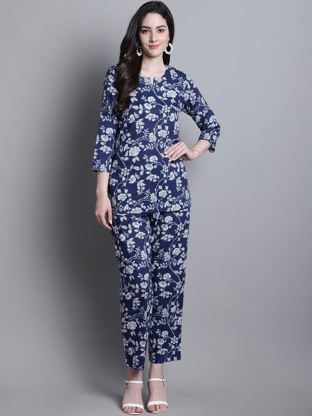 prakrti navy blue & white floral printed pure cotton tunic with trousers