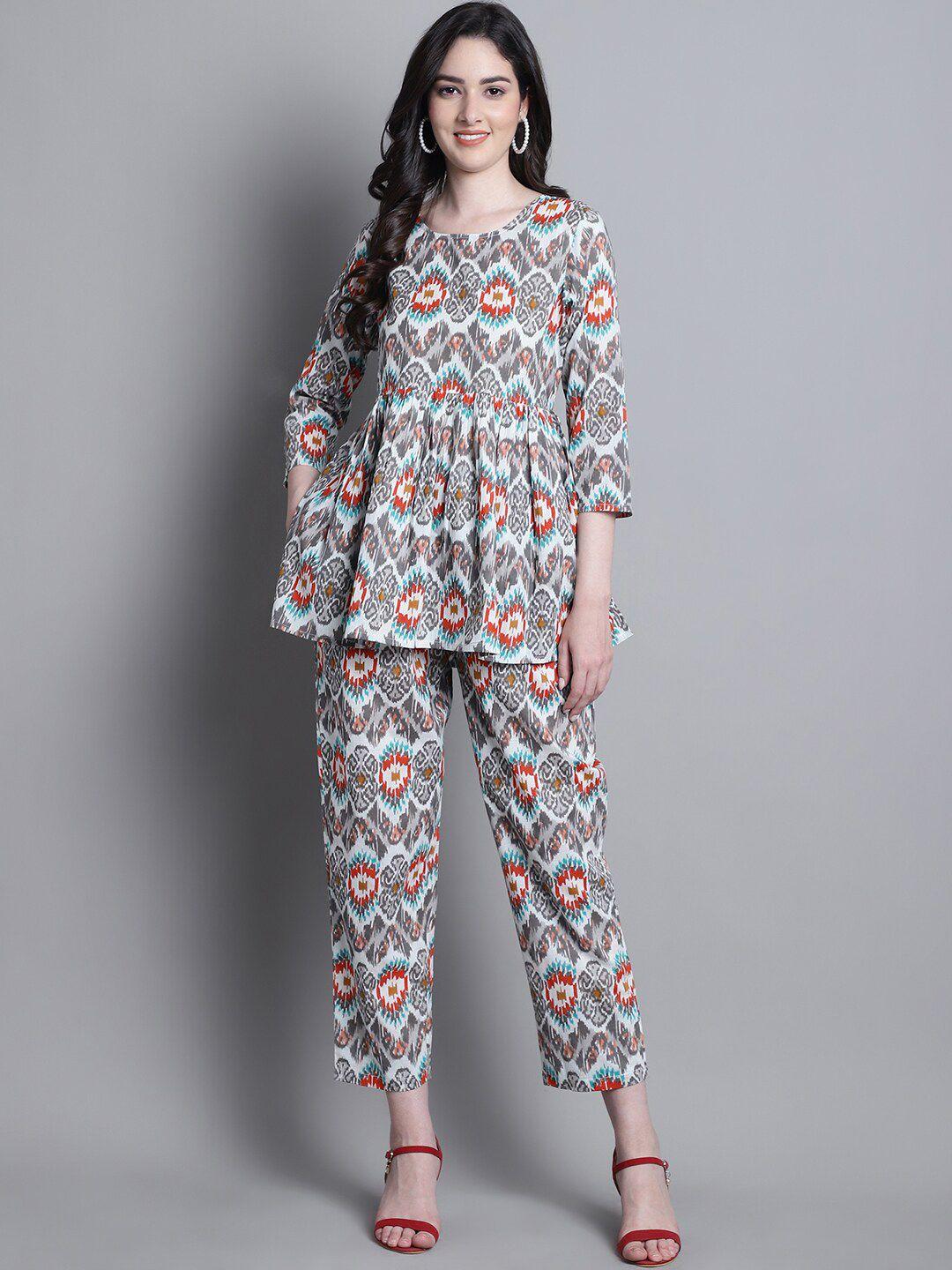 prakrti white & grey ethnic motifs printed gathered pure cotton tunic with trousers