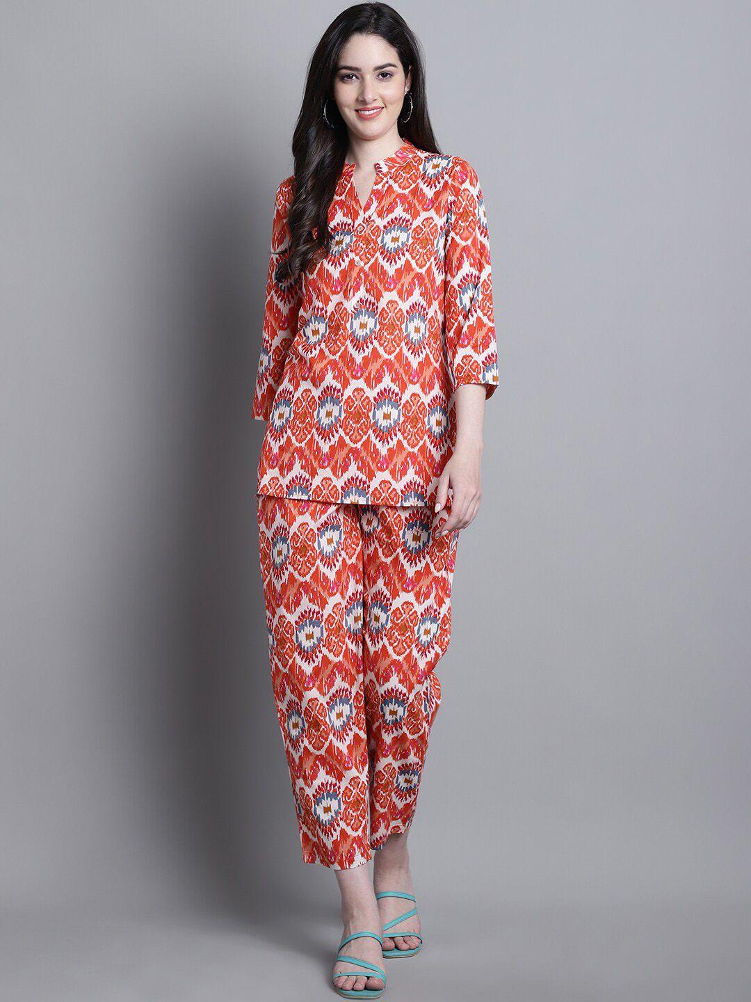 prakrti white & orange-coloured ethnic motifs printed pure cotton tunic with trousers