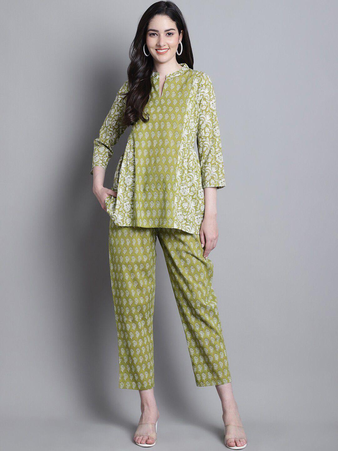 prakrti green & white floral printed pure cotton tunic with trousers