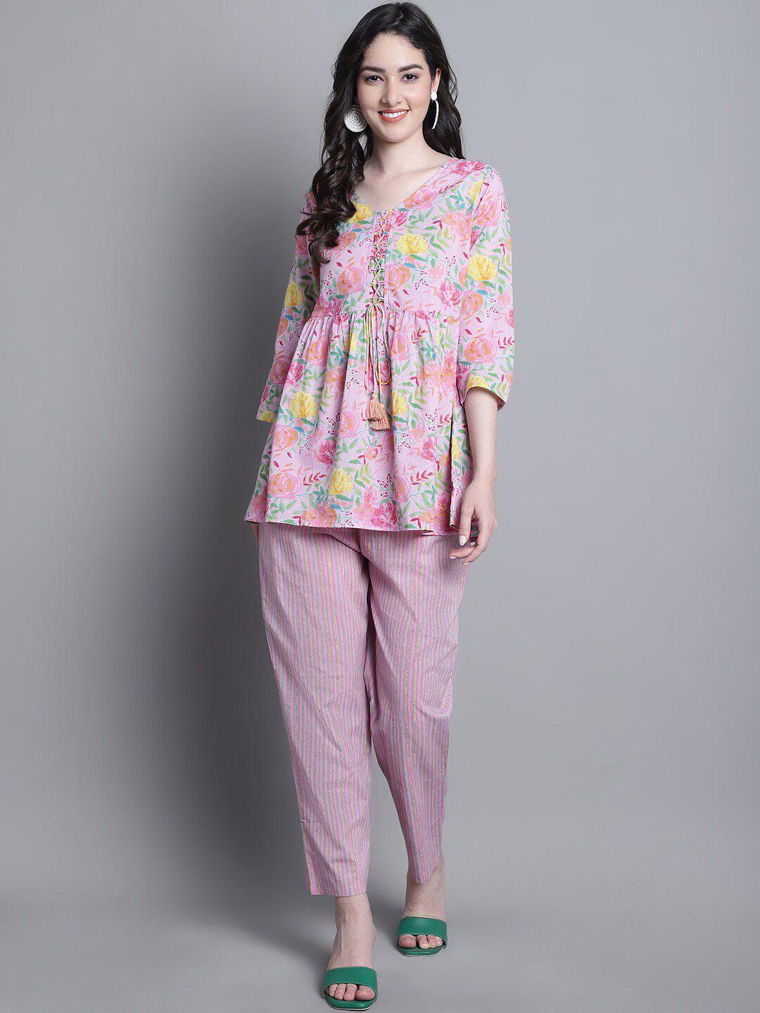 prakrti pink floral printed v-neck tie-up pure cotton tunic with trousers