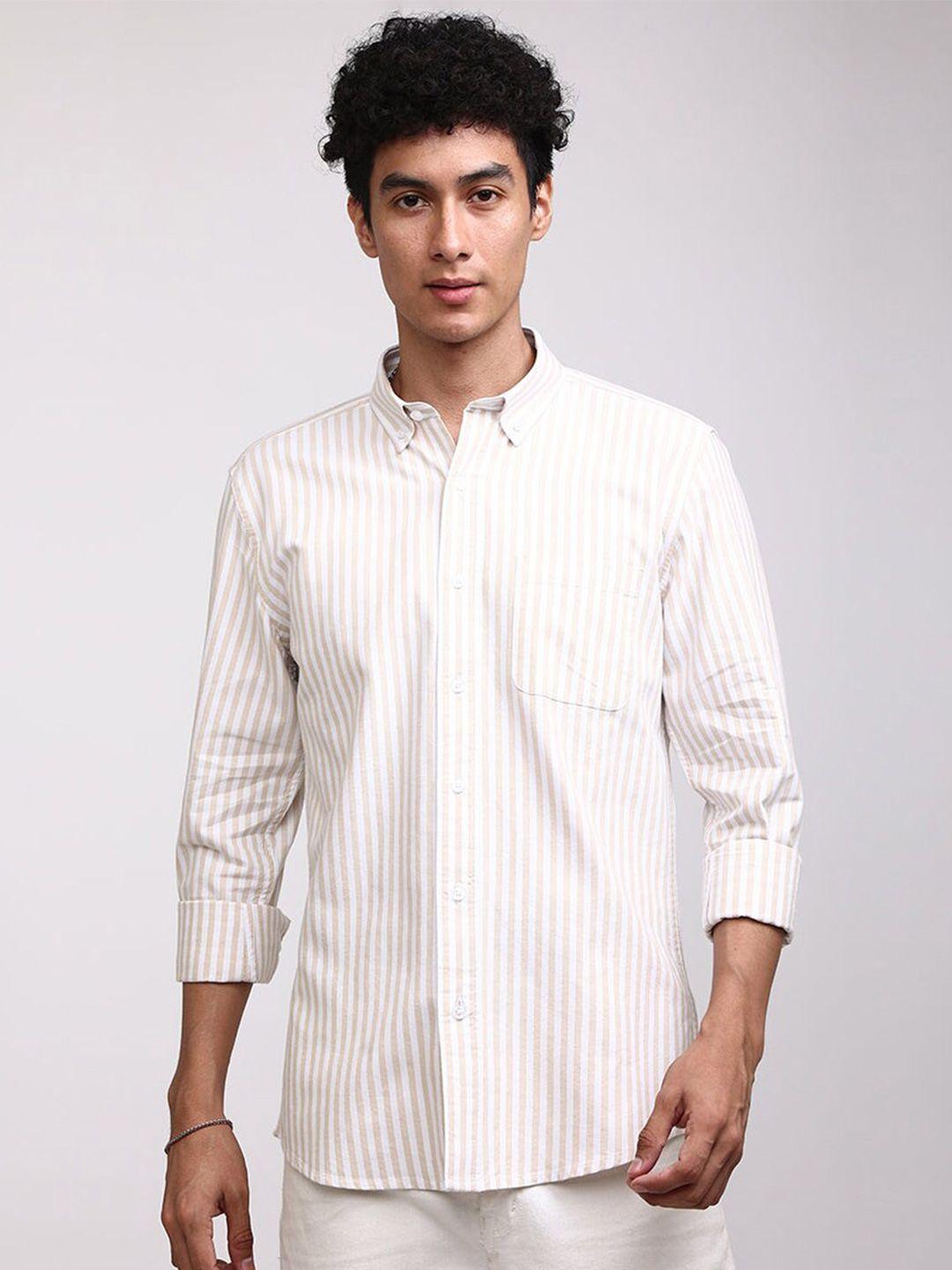 snitch men beige classic opaque striped casual shirt