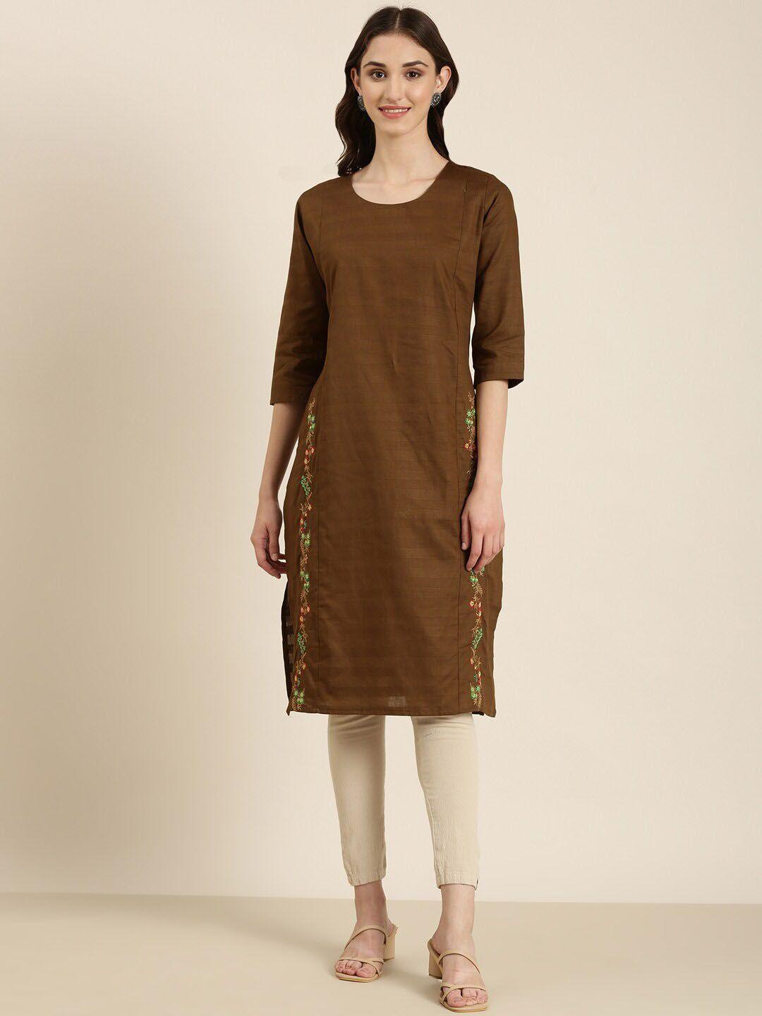 showoff round neck thread work straight kurta