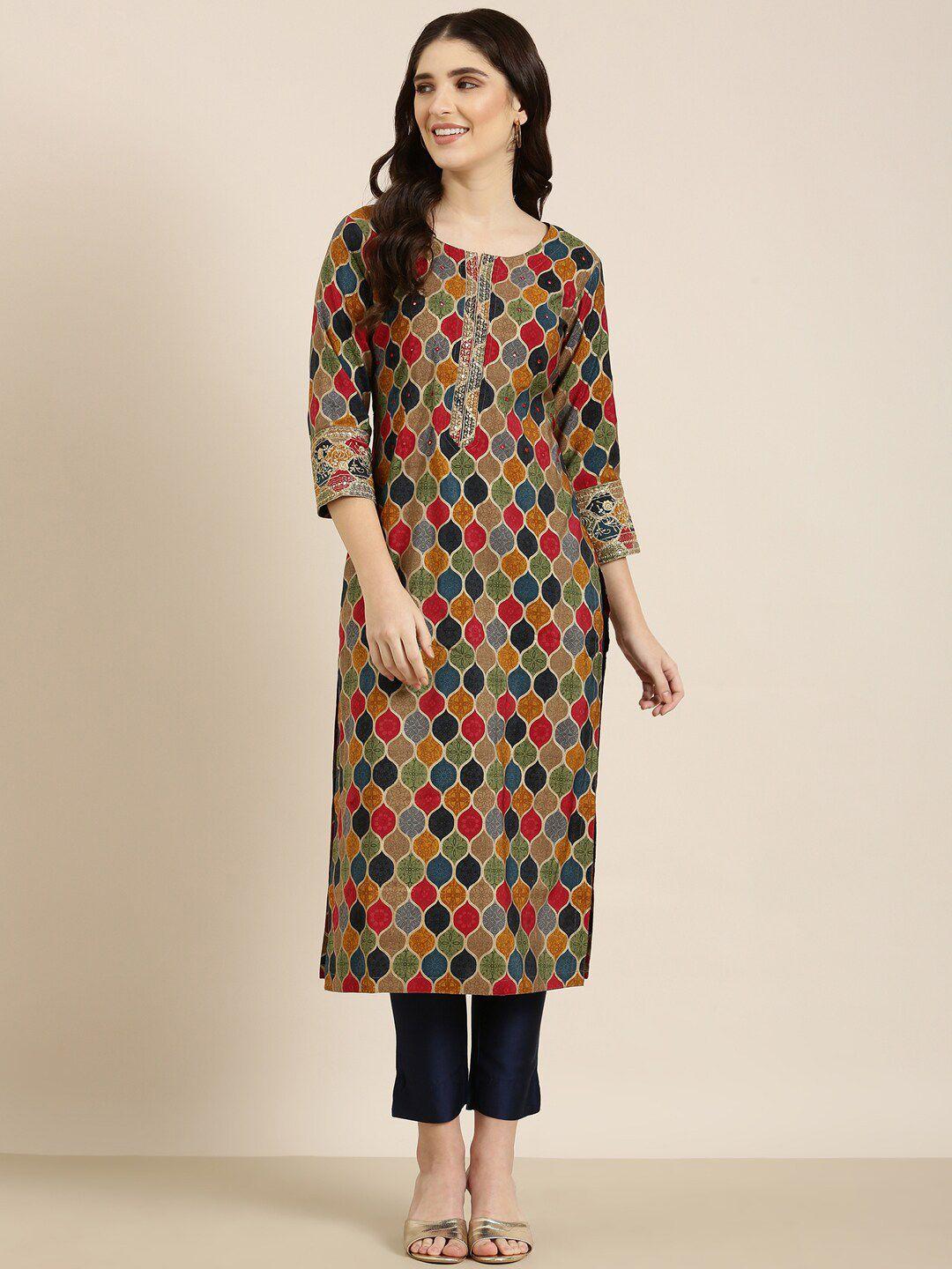 showoff ethnic motifs printed mirror work straight kurta