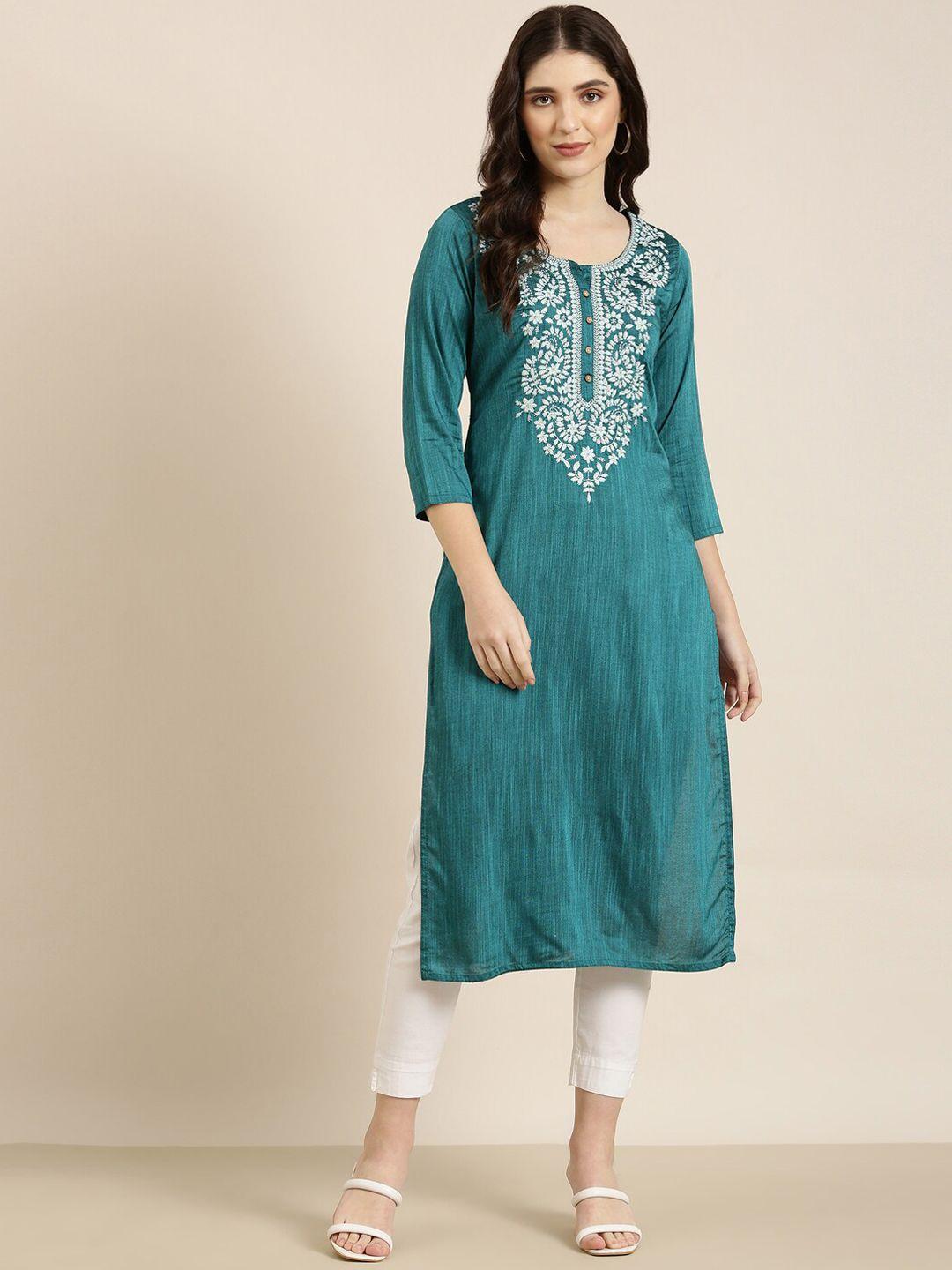 showoff ethnic motifs embroidered thread work dupion silk straight kurta