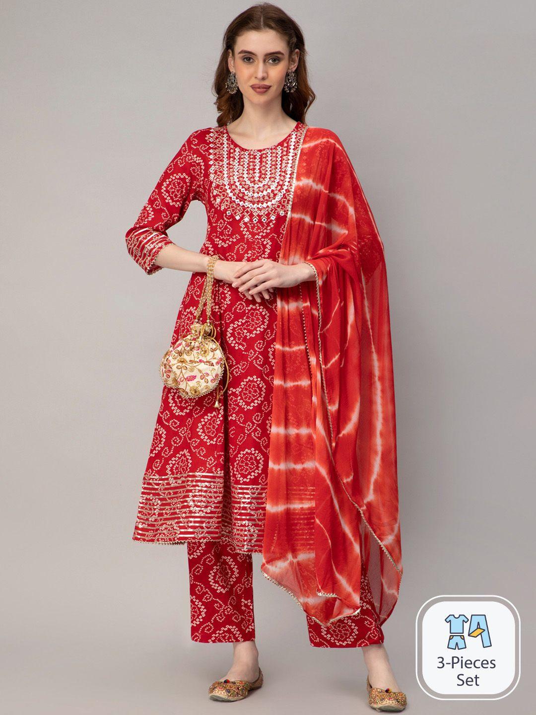 celebravo bandhani printed mirror work straight kurta with trousers & dupatta