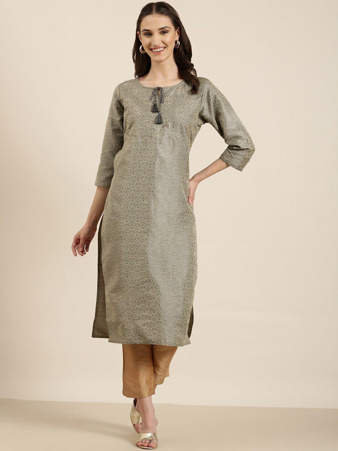 showoff ethnic motifs printed tie up neck cotton silk kurta