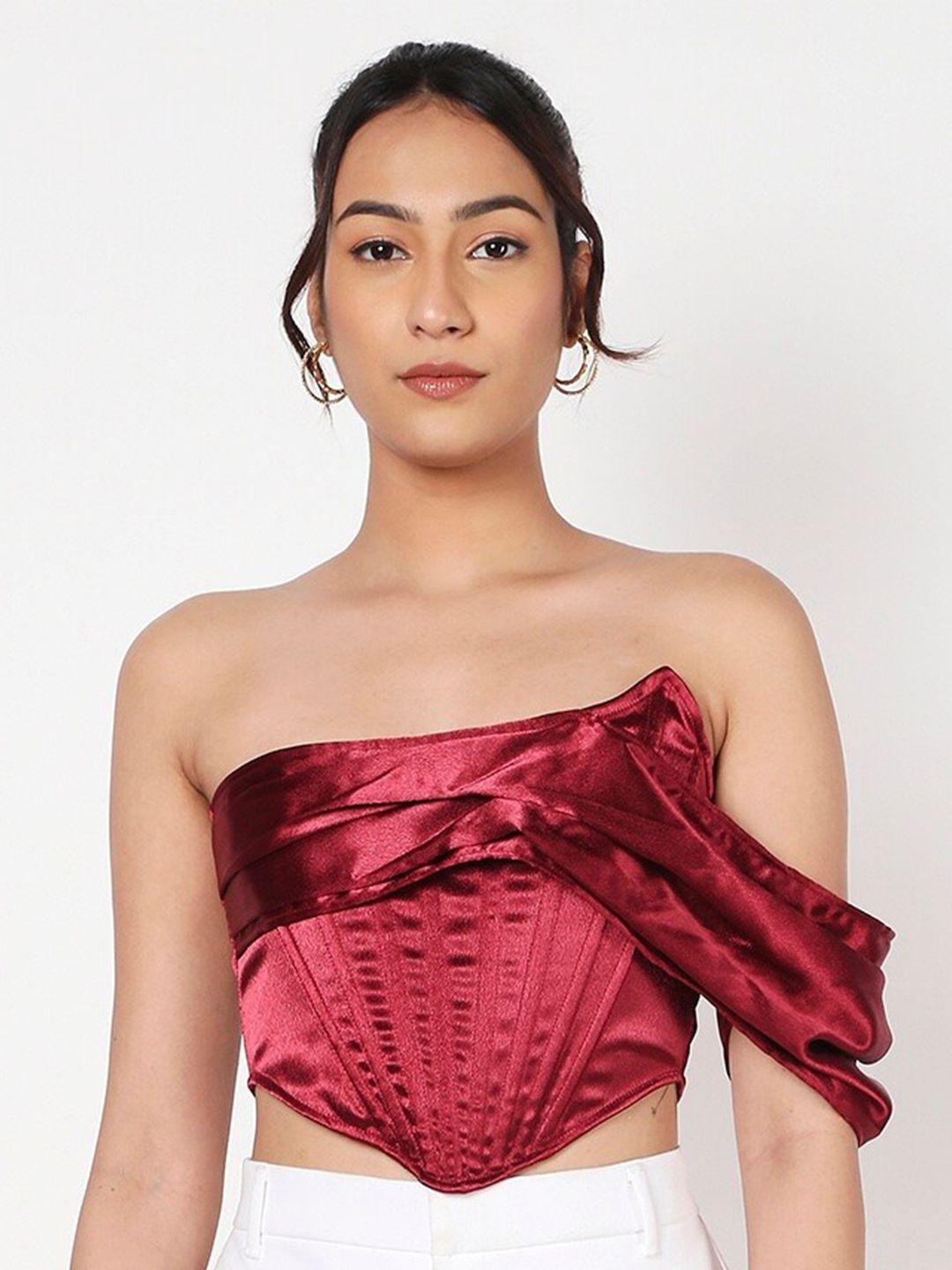 liyokki off-shoulder gathered or pleated satin bardot crop top