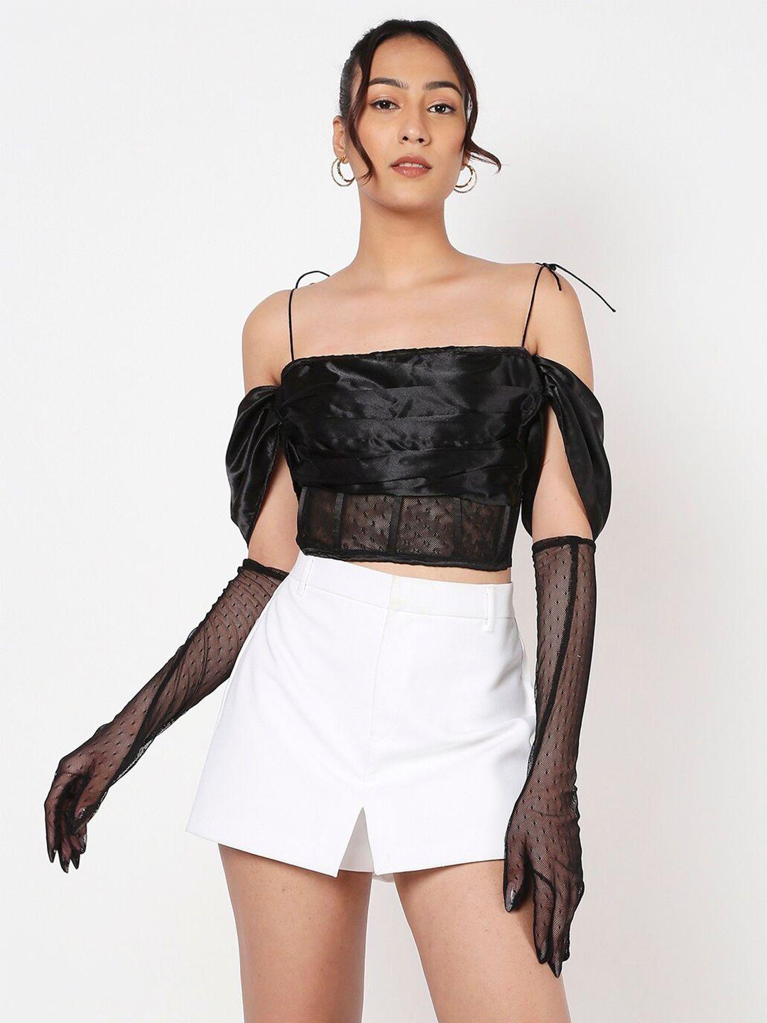 liyokki shoulder straps slit sleeves satin crop top