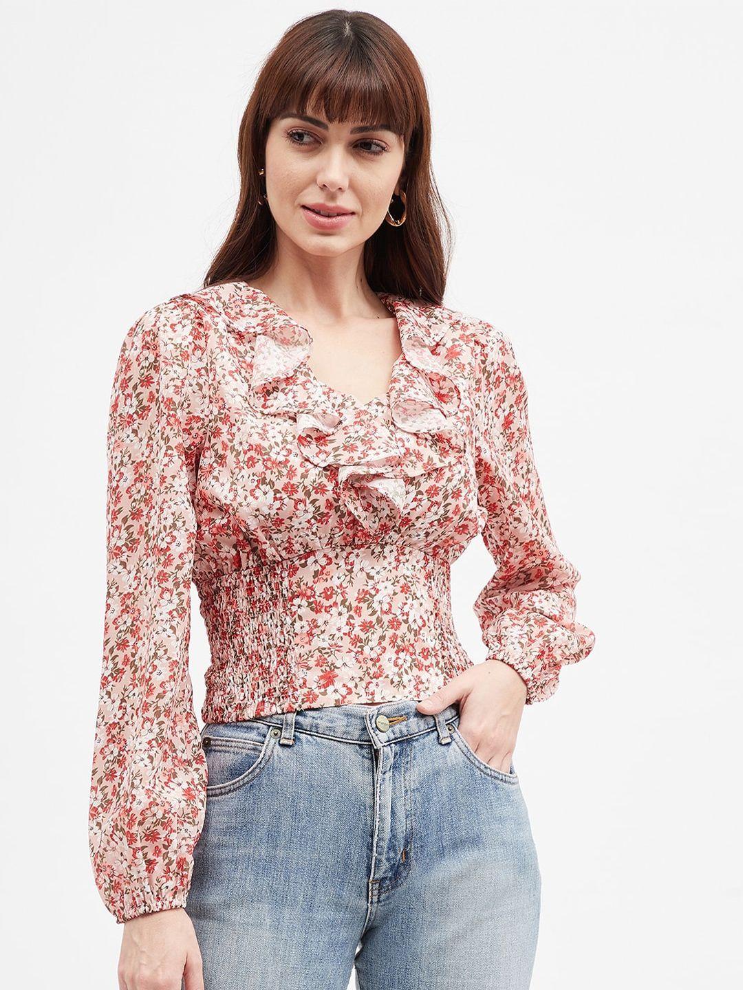 harpa floral printed puff sleeves smocking georgette empire crop top