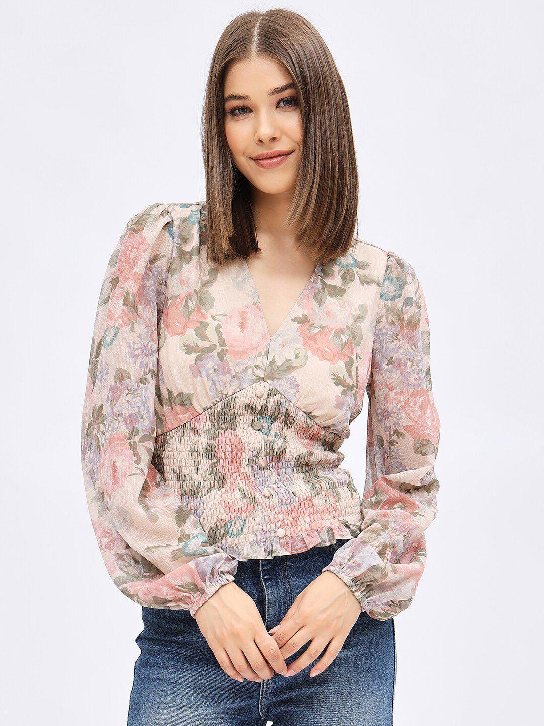 harpa floral printed smocked chiffon empire top