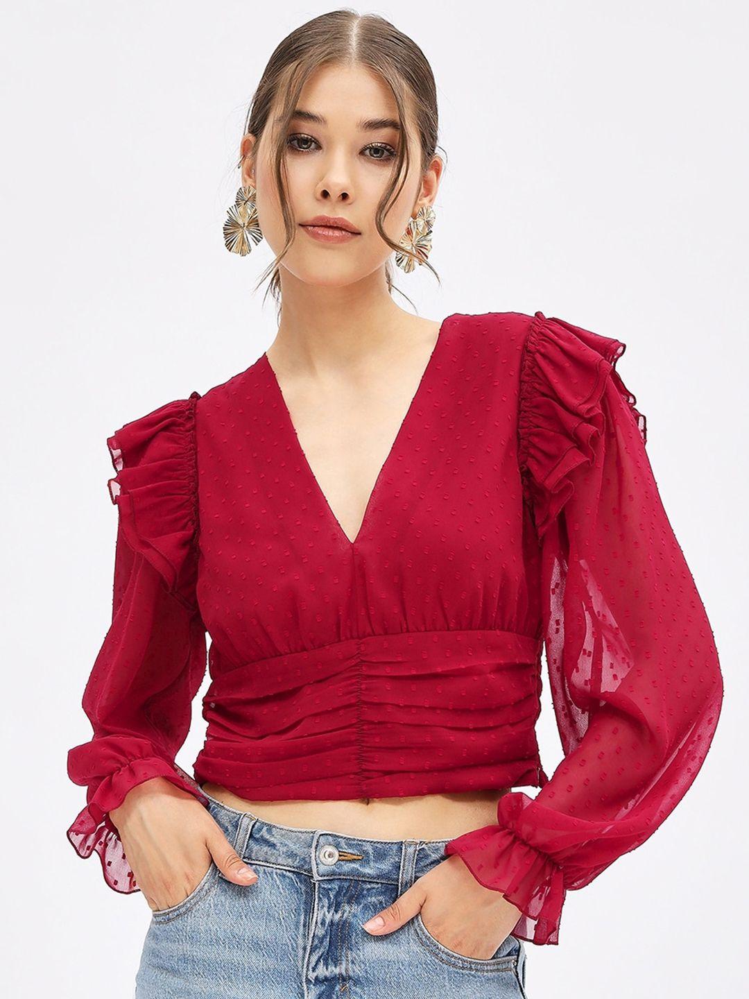 harpa self design puff sleeve ruffle georgette empire crop top