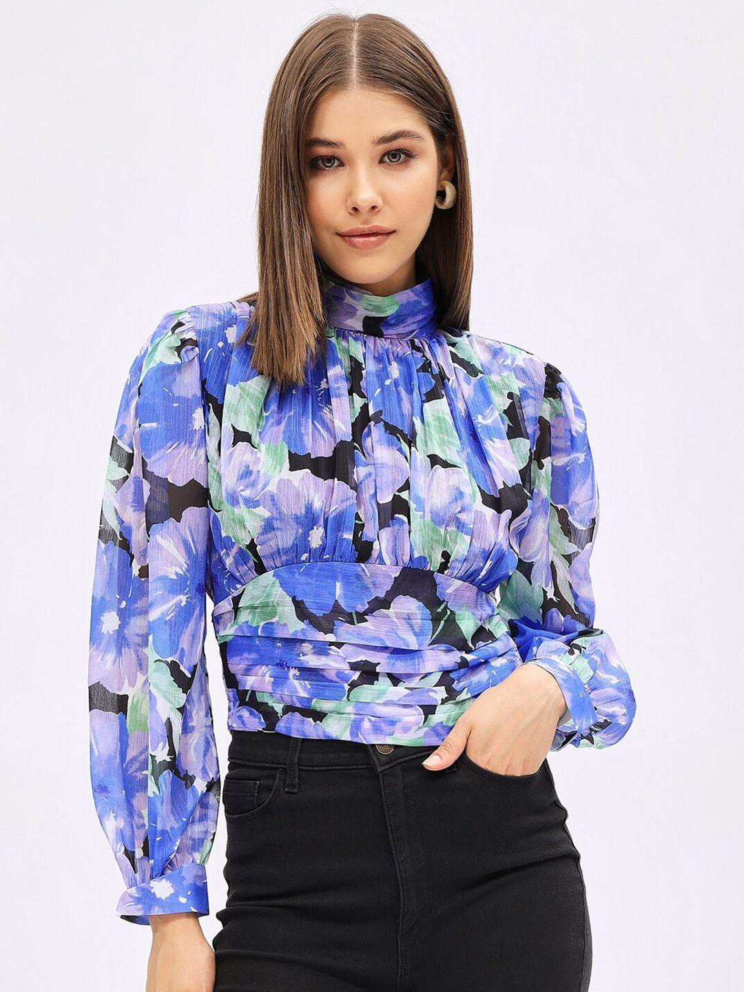 harpa floral printed high neck puffed sleeves chiffon top