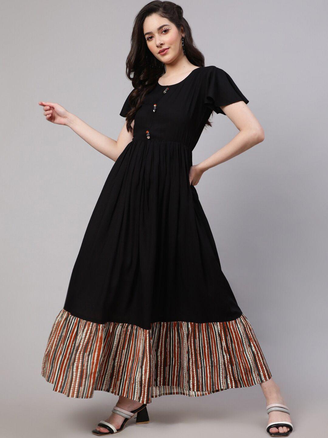 daevish round neck flared sleeve gathered fit & flare dress