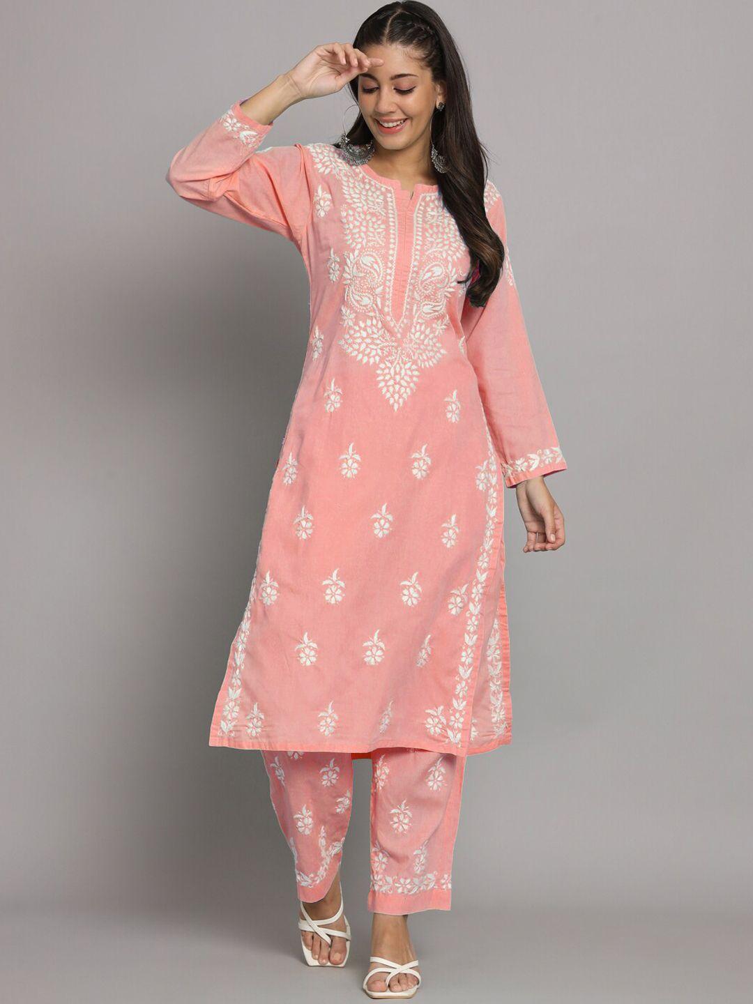 paramount chikan ethnic motifs chikankari embroidered regular kurta with trousers